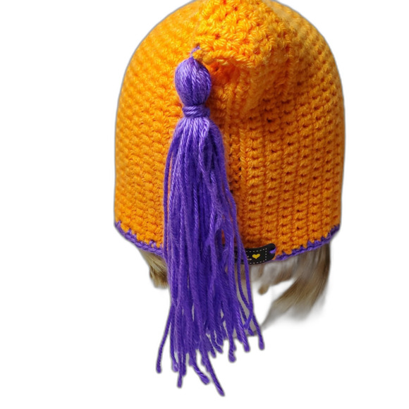 Hand Crochet Orange and Purple Bonnet for Picking Pumpkins for Women - Picture 4 of 5